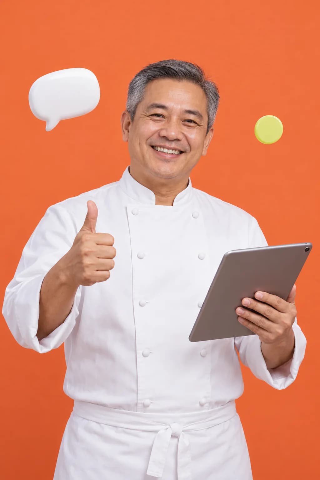 Uno chef sorridente in divisa bianca fa il pollice in su mentre tiene in mano un tablet, su uno sfondo corallo.
