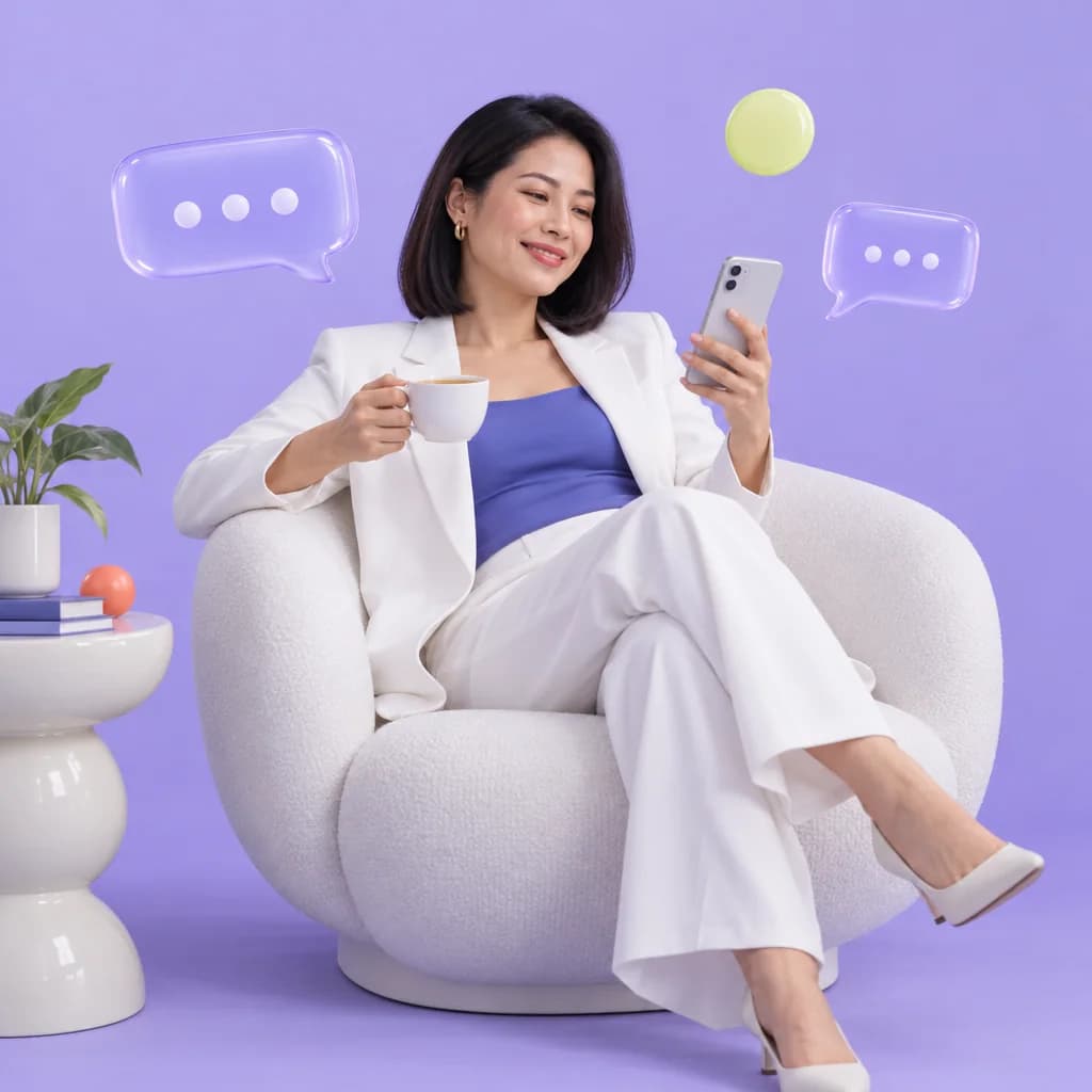 Una fondatrice si rilassa con una tazza di tè mentre il telefono risponde ai clienti