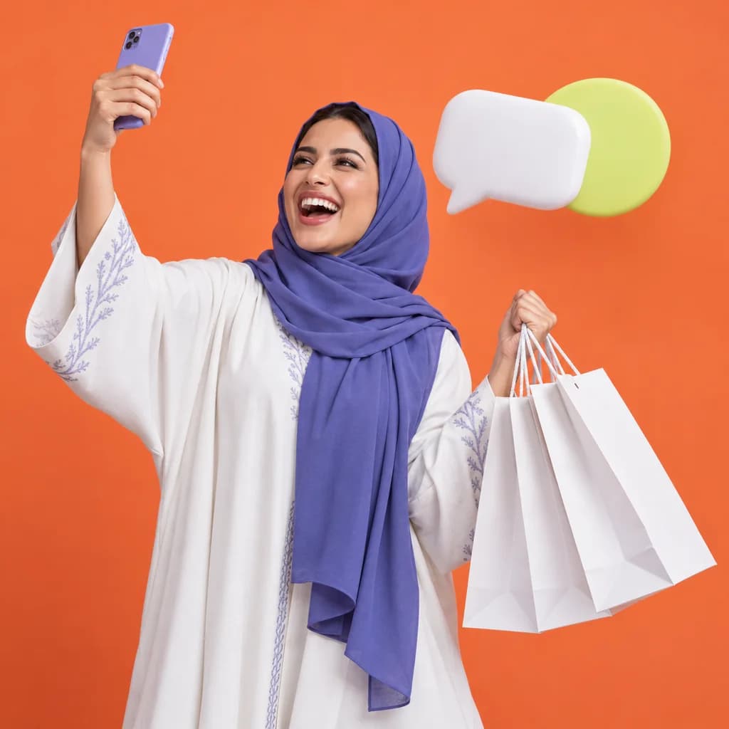 Una negoziante raggiante con un foulard blu violetto sul capo solleva delle shopping bag mentre guarda il telefono