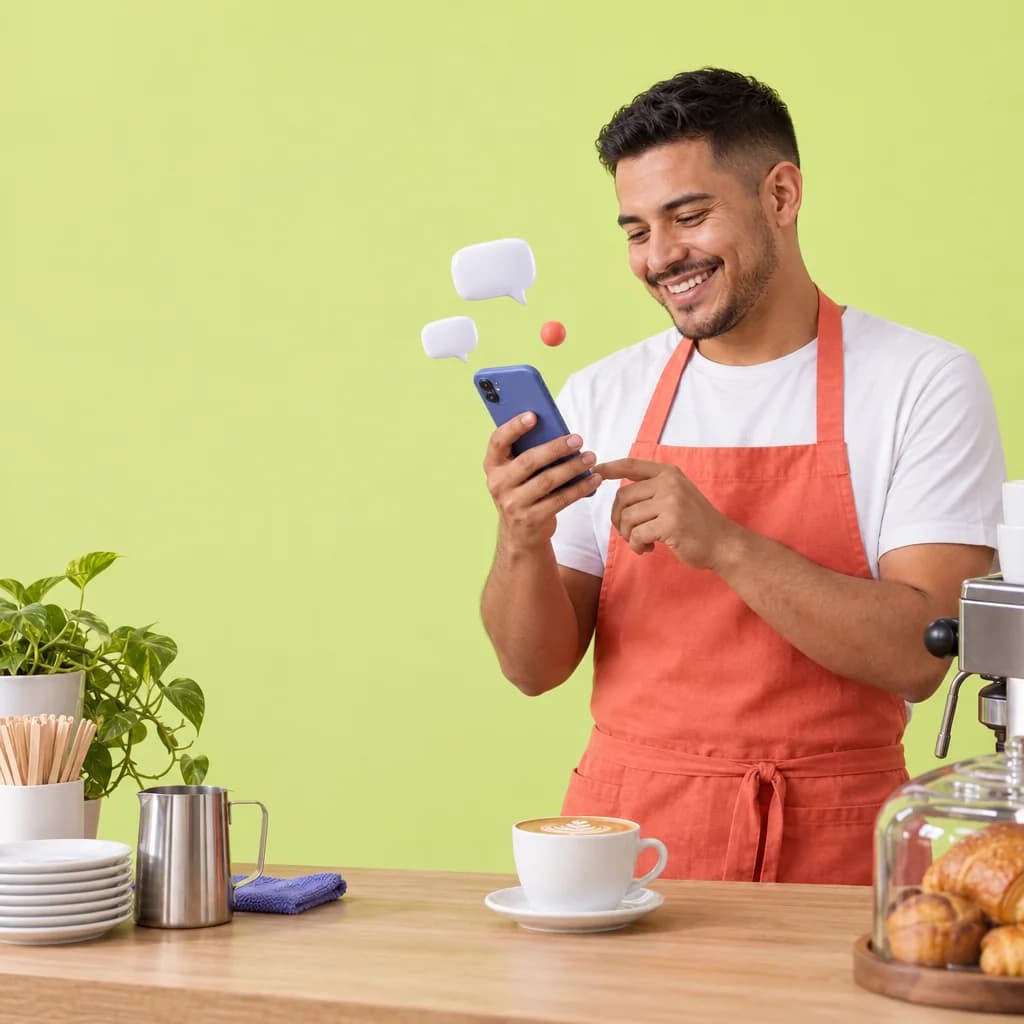 Un titolare di caffetteria sorridente, con il grembiule, controlla i messaggi sul telefono dietro il bancone